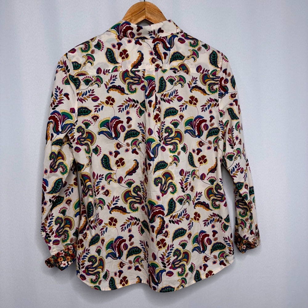 Talbots Petite Medium Paisley Cotton Button Down Shirt White Multi Color Boho - Picture 3 of 8